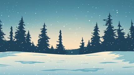 Tranquil Winter Landscape with Snowflakes and Pine Trees at Dusk.