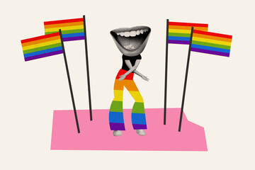 Creative modern abstract сollage human dancing smiling open mouth lgbt flag support homosexual gay lesbian bisexual transgender - obrazy, fototapety, plakaty