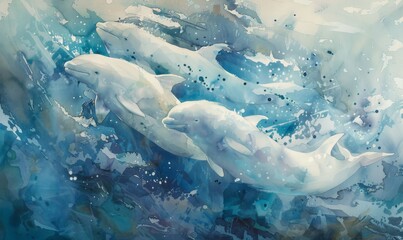 Watercolor painting of a pod of dolphins swimming underwater. Use for wallpaper, posters, postcards, brochures.