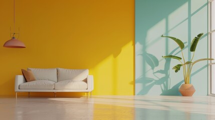 Modern living room interior with white sofa, pendant lamp and potted plant against bright yellow wall