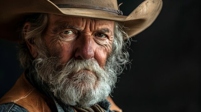 Face of an old cowboy, wearing a classic cowboy hat and a rugged leather jacket