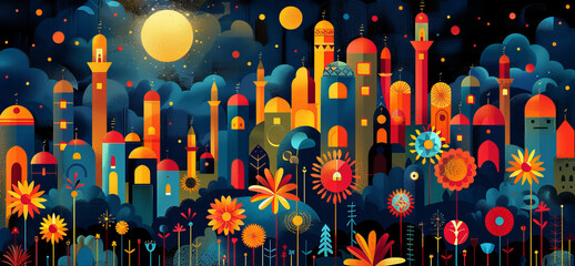 Abstract composition with Islamic patterns, representing Muslim night city skyline. Flat style illustration.