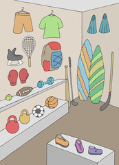 Sport shop store graphic interior color vertical sketch illustration vector 
