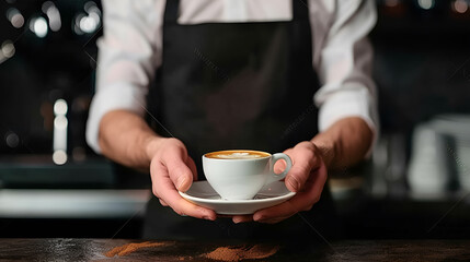 Fototapeta na wymiar Waiter in black apron stretches a cup of coffee, banner