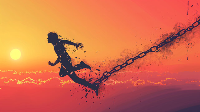 A minimalist yet powerful image of a silhouette breaking free from chains, depicting liberation from mental health struggles