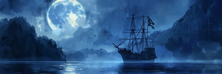 Watercolor painting of a barque floating in the middle of a river on a full moon night. Use for wallpaper,
 posters, postcards, brochures.