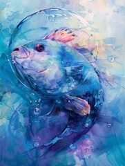 Watercolor painting of beautiful fish with clear bubbles in the water. Use for phone wallpaper, posters, postcards, brochures.