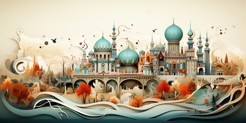 Illustration of Islamic city with a blue domes on the traditional Muslim buildings. - obrazy, fototapety, plakaty