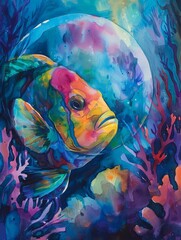 Watercolor painting of beautiful fish in the water. With the full moon in the background. Use for
 phone wallpaper, posters, postcards, brochures.