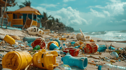 A beach, with piles of abandoned beach toys and plastic bottles as the background, during a coastal cleanup drive