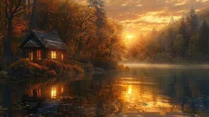 Tranquil Lakeside Cabin Nestled Among Towering Trees Glows Under Warm Autumn Sunset in Scenic Nature Retreat