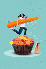 Collage artwork of cheerful nice man slimming and eating on healthy meal refusing sweet desserts...
