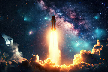 Generative ai on theme of beautiful space rocket in sky, bright meteorites glow in atmosphere