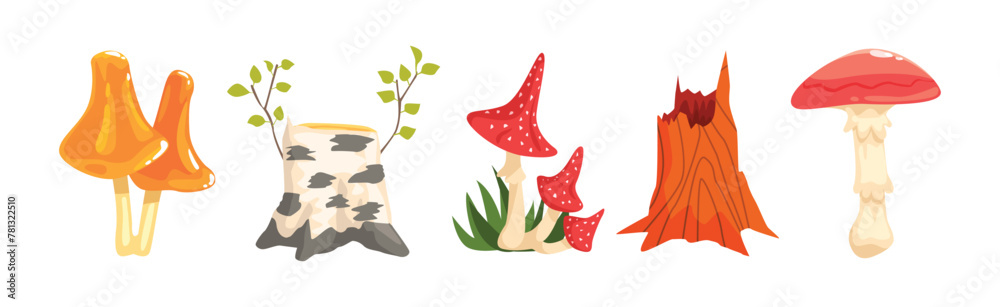 Poster forest element and outdoor environment object with tree stump and mushroom vector set
