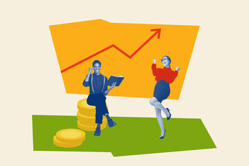 3d retro abstract creative artwork template collage of two funny businesswomen have fun trading financier fantasy billboard comics zine