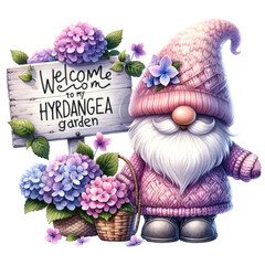 Garden Gnome with Hydrangeas Illustration.