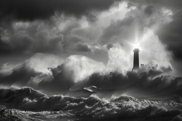 Fototapeta na wymiar Generative ai on theme of large retro lighthouse with beam of bright light shining out to blue sea