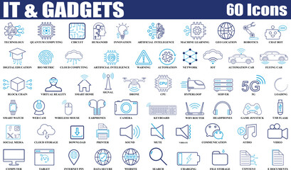 IT and Gadgets web icons in line style. Set of 60 high quality Information technology signs for web and mobile app. Colorful Editable icon set of IT and Gadgets.