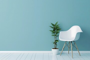 Modern interior with a mockup background wall, featuring a chair and potted plant in a lush green room adorned with beautiful decorations. The scene offers ample copy space and showcases a contemporar