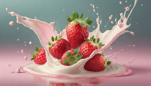 Strawberries falling into splashing cream or milk