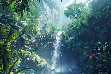 Generative ai on theme of beautiful majestic waterfall in natural nature, national park attraction