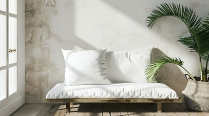 White Pillow mockup in an elegant, light modern living room - 781324110