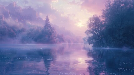 Tranquil Lakeside Landscape Shrouded in Misty Dawn Light Evoking a Serene Journey of Inner Reflection and Calm - obrazy, fototapety, plakaty
