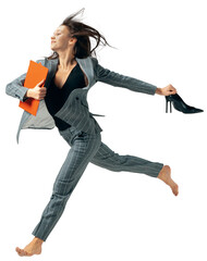 Happy business woman, employee in formal wear running with office supplies barefoot isolated on...