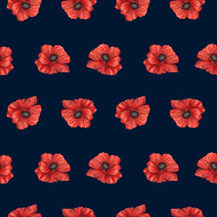 Seamless watercolor pattern with red poppies on a dark background.