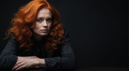 Fototapeta premium Portrait of a young beautiful girl with red hair on a dark background. Irish beauty.