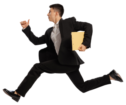 In a hurry. Young office worker, employee in business suit with folder isolated on transparent background. Concept of dance and business, employment, success, career, office, finances
