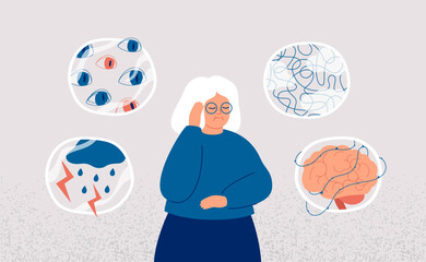Dementia and Alzheimer's Disease concept. Elderly woman surrounded by symptoms of brain disorder. Mental health of senior people and prevention neurodegeneration illness. Vector illustration - 781324776