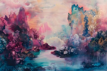A painting of a mountain range with a river running through it. The colors are bright and vibrant, giving the impression of a peaceful and serene landscape. The mood of the painting is calm - obrazy, fototapety, plakaty