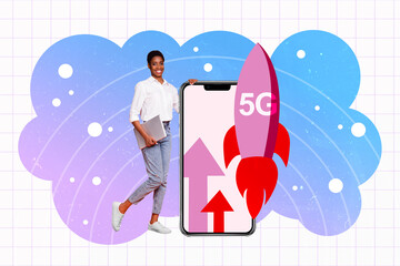Composite image collage of happy young american girl hold laptop stand iphone rocket 5g internet fast speed online up connection isolated on painted background