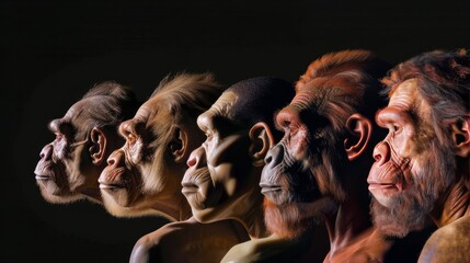 Human evolution. A study of the sequence of biological evolution of Homo sapiens. The face of a monkey, ape, ancient humans, modern humans  - obrazy, fototapety, plakaty