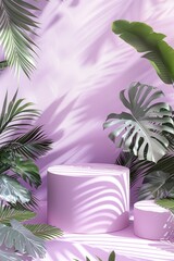 abstract wall background with podium stage in a pastel lilac color and tropical plants. Moch up scene for porduct presentation, cosmetics etc, summer light vacation concept design - 781325103