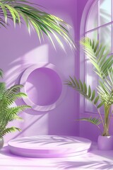 abstract wall background with podium stage in a pastel lilac color and tropical plants. Moch up scene for porduct presentation, cosmetics etc, summer light vacation concept design - 781325111