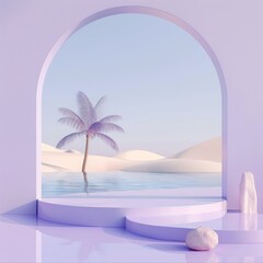 tropical  palm trees abstract wallpaper background with podium staged for product placement, cosmetics  etc for advertisment, lilac palette, seascape scene - 781325115