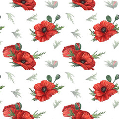 Seamless watercolor pattern with red poppies and green leaves on a white background. For fabric, textiles, wallpaper, prints, packaging paper, clothing