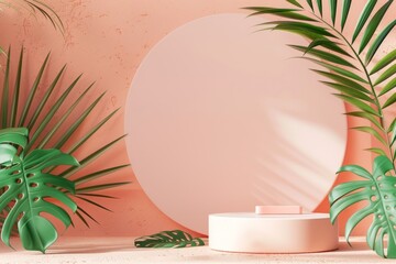  abstract background with podium stage in a pastel vintage pink color,indoor scene.with tropical plants. Mock up scene for a product placement advertisement - 781325157