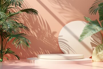  abstract background with podium stage in a pastel vintage pink color,indoor scene.with tropical plants. Mock up scene for a product placement advertisement - 781325159