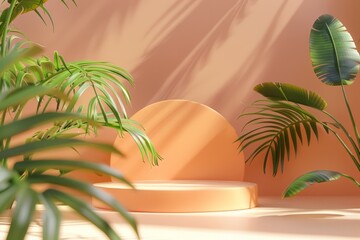  abstract background with podium stage in a pastel vintage pink color,indoor scene.with tropical plants. Mock up scene for a product placement advertisement - 781325160