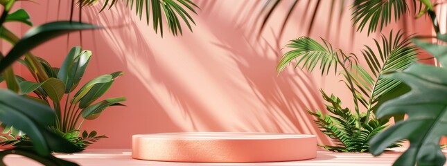  abstract background with podium stage in a pastel vintage pink color,indoor scene.with tropical plants. Mock up scene for a product placement advertisement - 781325162