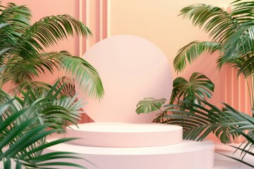  abstract background with podium stage in a pastel vintage pink color,indoor scene.with tropical plants. Mock up scene for a product placement advertisement - 781325165