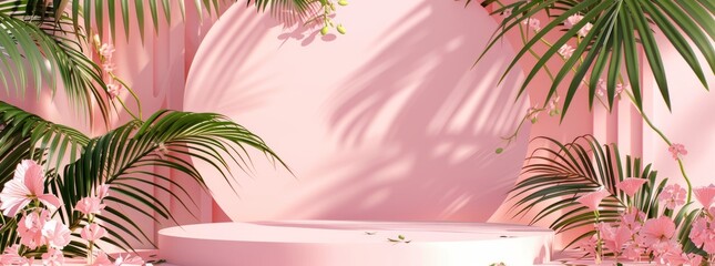  abstract background with podium stage in a pastel vintage pink color,indoor scene.with tropical plants. Mock up scene for a product placement advertisement - 781325183