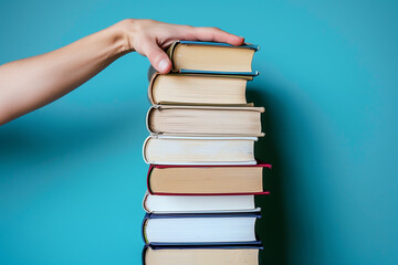 Close-Up Hand Stacking Colorful Books. Close-up of a female hand stacking a multi-colored pile of...