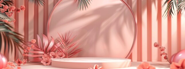  abstract background with podium stage in a pastel vintage pink color,indoor scene.with tropical plants. Mock up scene for a product placement advertisement - 781325190