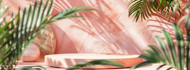  abstract background with podium stage in a pastel vintage pink color,indoor scene.with tropical plants. Mock up scene for a product placement advertisement - 781325191