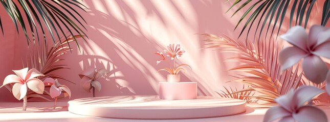 : abstract background with podium stage in a pastel vintage pink color,indoor scene.with tropical plants. Mock up scene for a product placement advertisement - 781325308