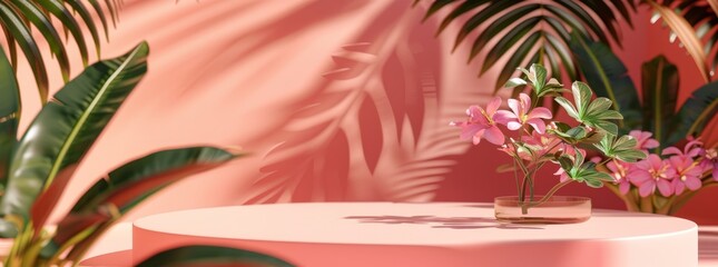 : abstract background with podium stage in a pastel vintage pink color,indoor scene.with tropical plants. Mock up scene for a product placement advertisement - 781325310